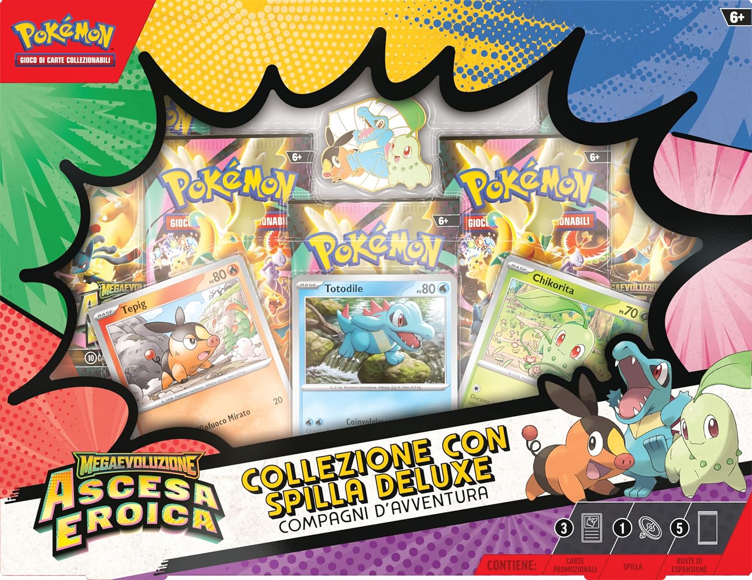 Pokémon: collezione con spilla deluxe Compagni d’avventura dell’espansione Megaevoluzione - Ascesa Eroica del GCC Pokémon (3 carte promozionali olografiche, 1 spilla deluxe e 5 buste di espansione