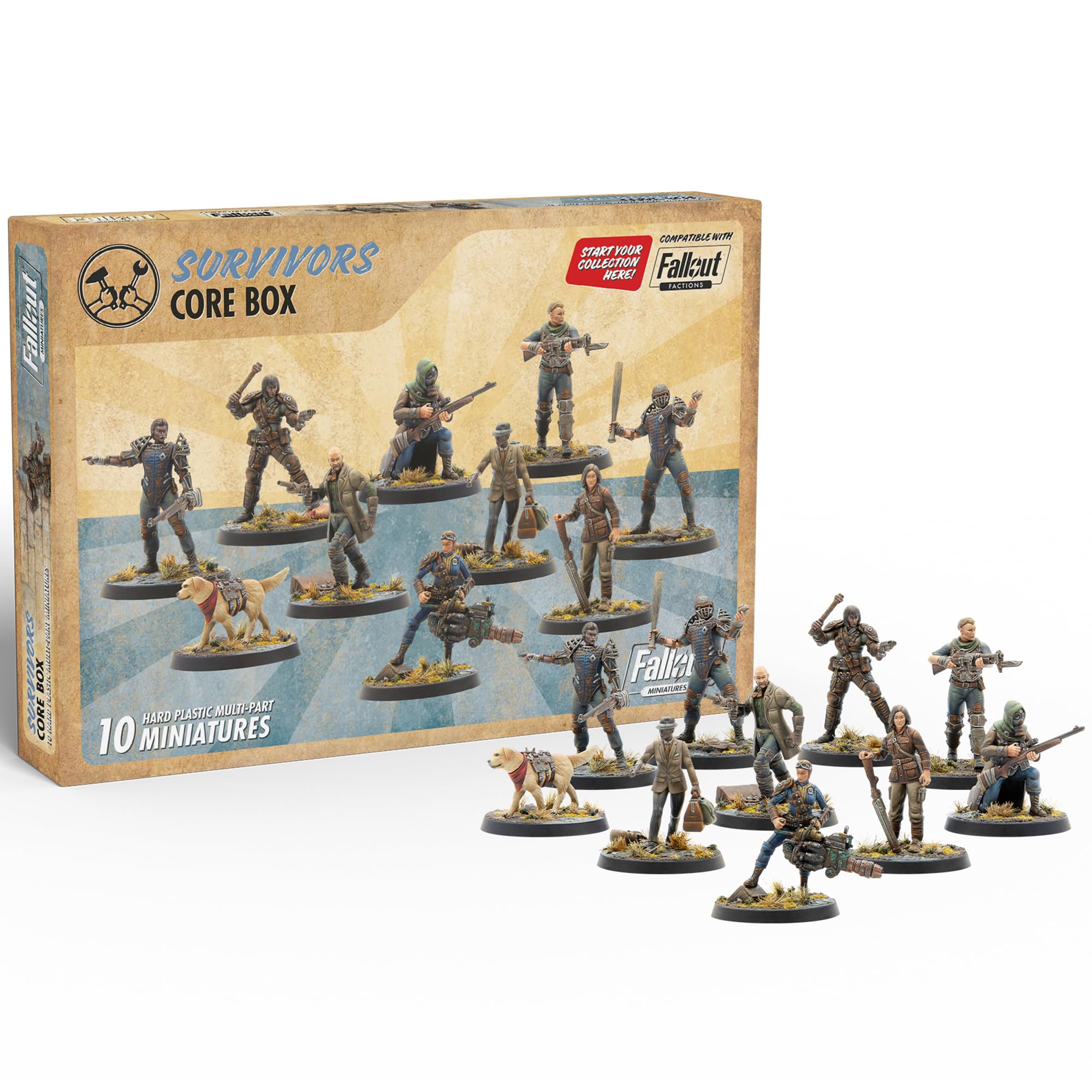 Modiphius Entertainment: Fallout Miniatures: Wasteland Survivors Core Box - 10 Miniatures & Bases, Hard Plastic, Unpainted & Unassembled, Tabletop PRG