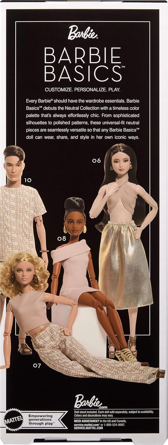 Barbie Basics Model Collector Fashion Doll 07 mit blonden Haaren und weißer Hose mit Aufdruck, universell passender Mode und beweglichem Körper, JJX26