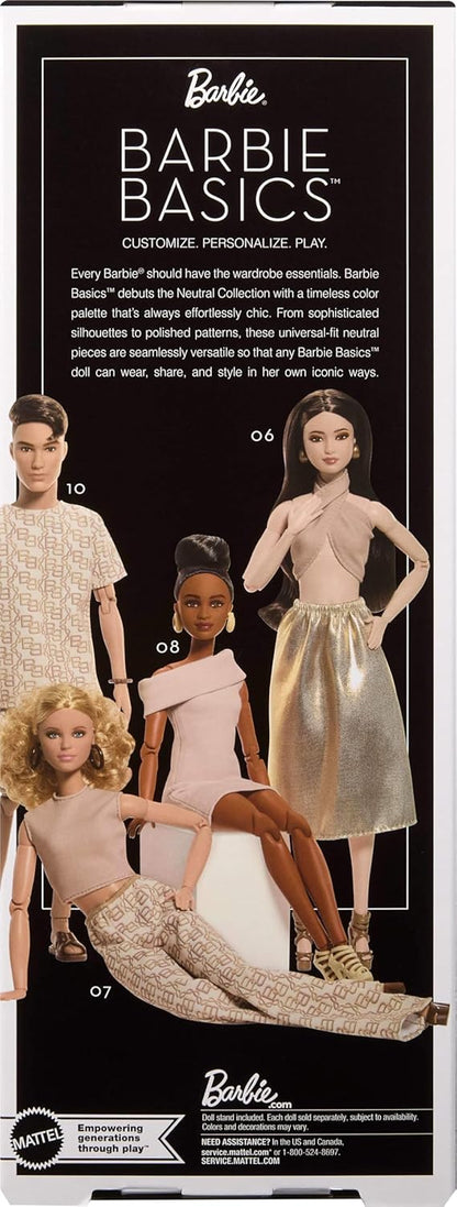 Barbie Basics Model Collector Fashion Doll 07 mit blonden Haaren und weißer Hose mit Aufdruck, universell passender Mode und beweglichem Körper, JJX26