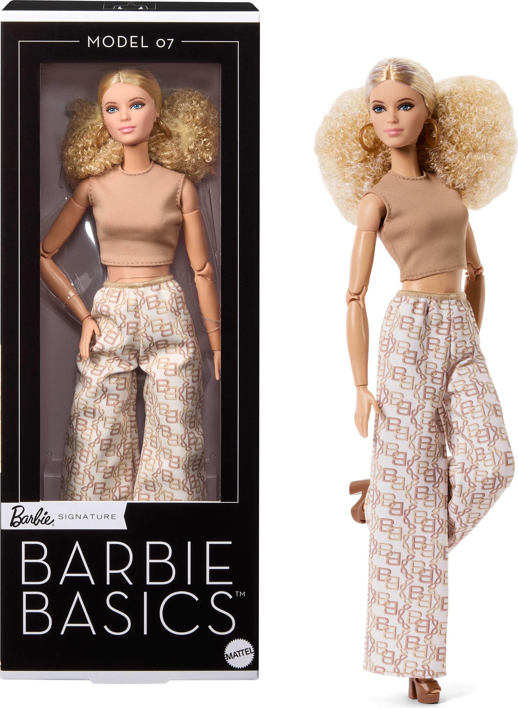 Barbie Basics Model Collector Fashion Doll 07 mit blonden Haaren und weißer Hose mit Aufdruck, universell passender Mode und beweglichem Körper, JJX26
