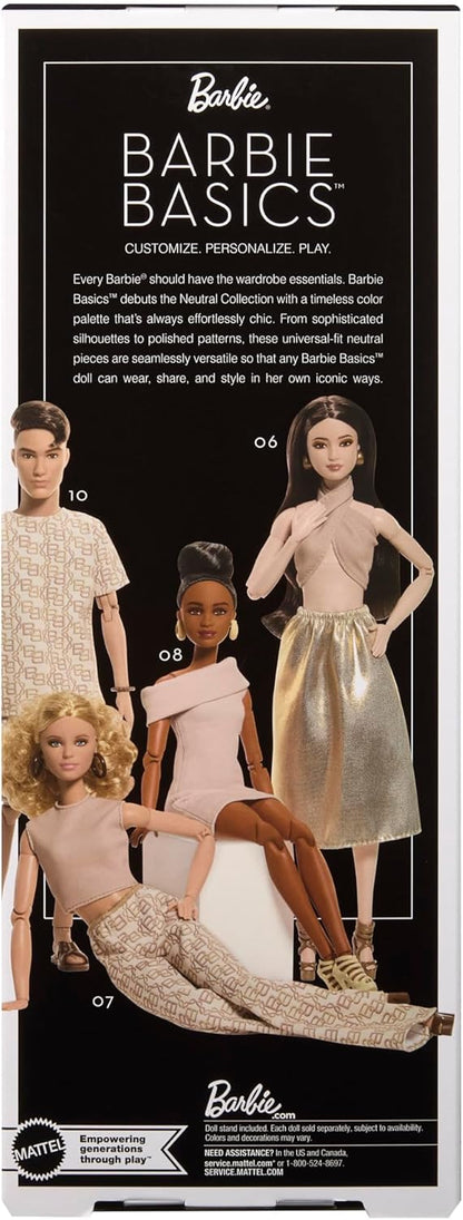 Barbie Basics Model Collector Fashion Doll 08 mit brünetten Haaren in einem braunen Kleid und Riemchensandaletten, universell passenden Kleidern und beweglichem Körper, JJX27