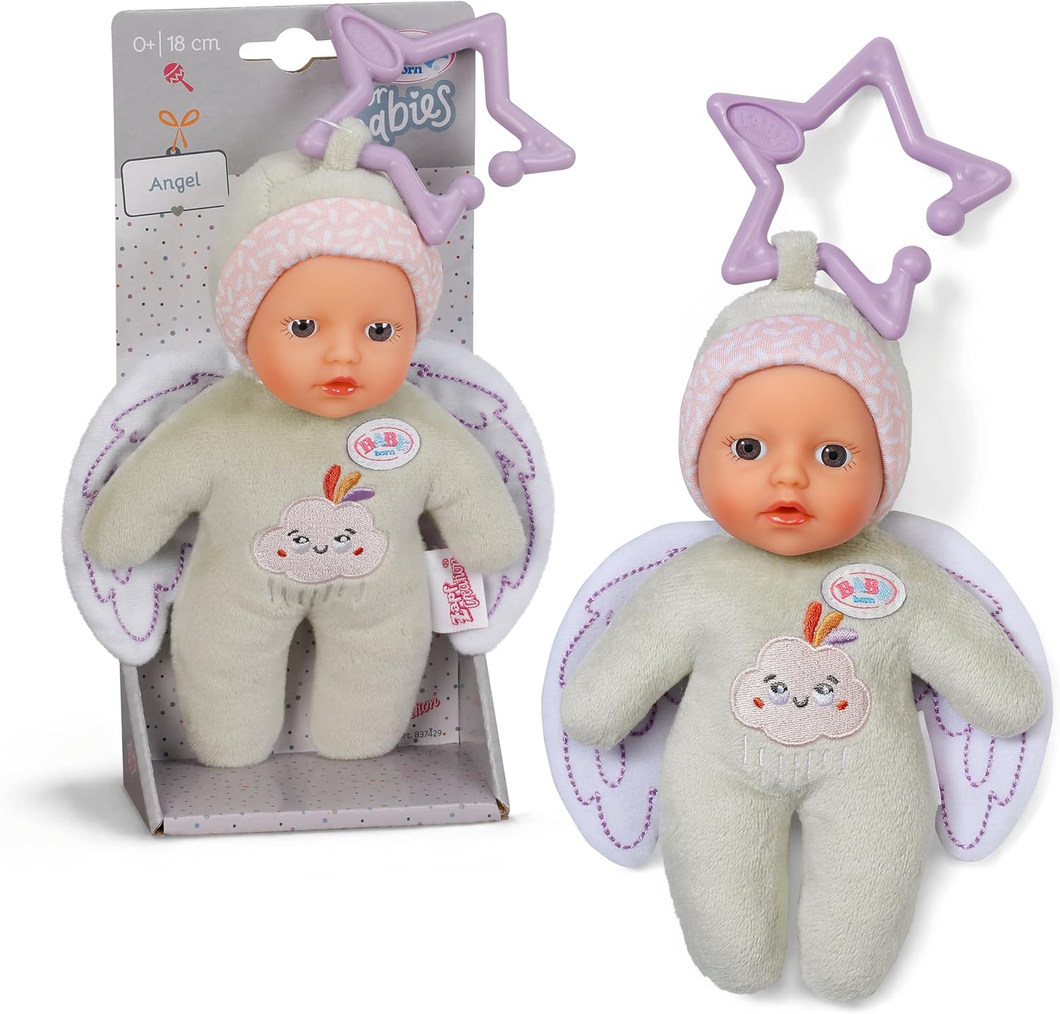 BABY born for babies Angel soft doll teething toy with rattle, 3 assorted colours. Style may vary. Suitable for newborns.