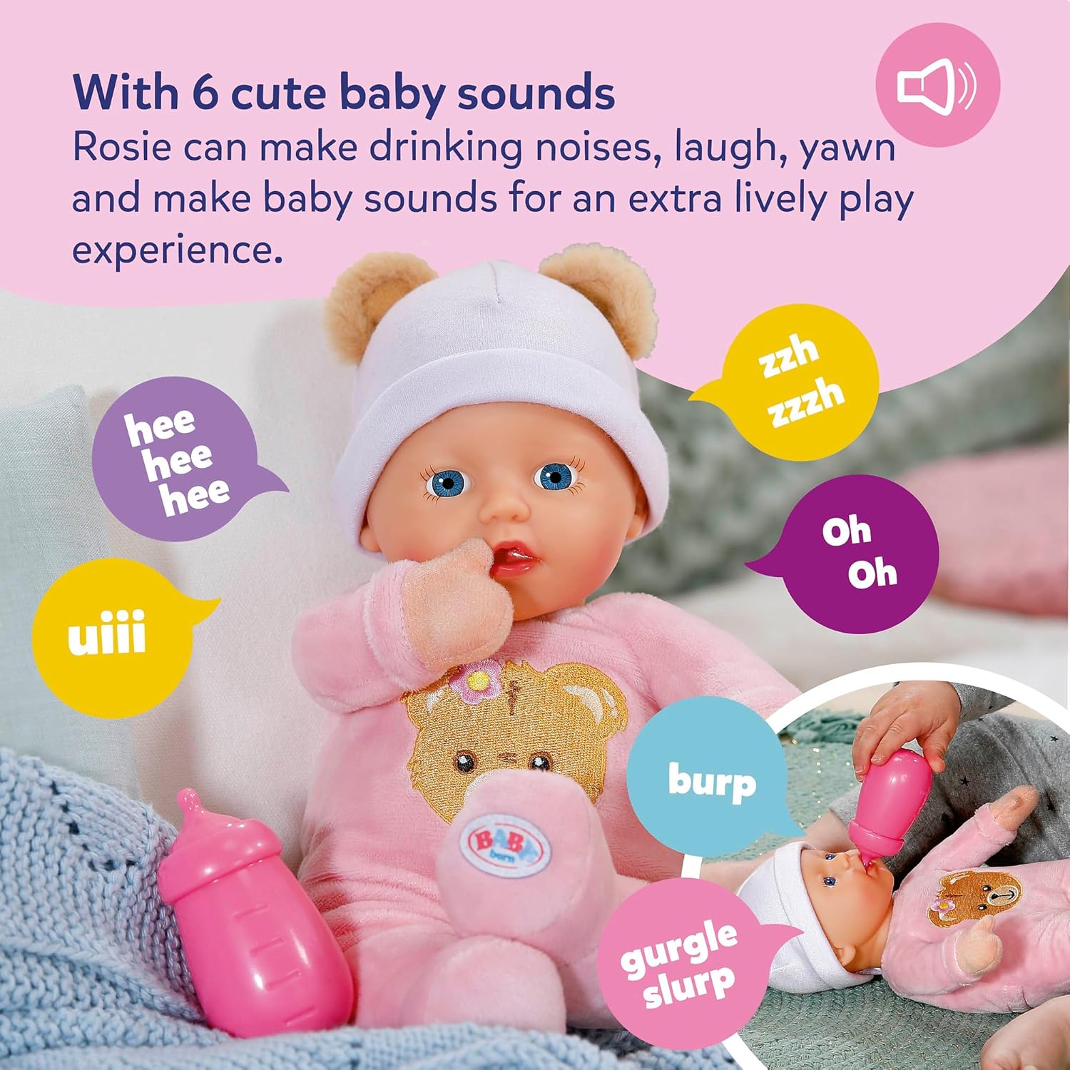 BABY born Interactive Rosie 30cm, soft baby doll with 6 sounds & bottles