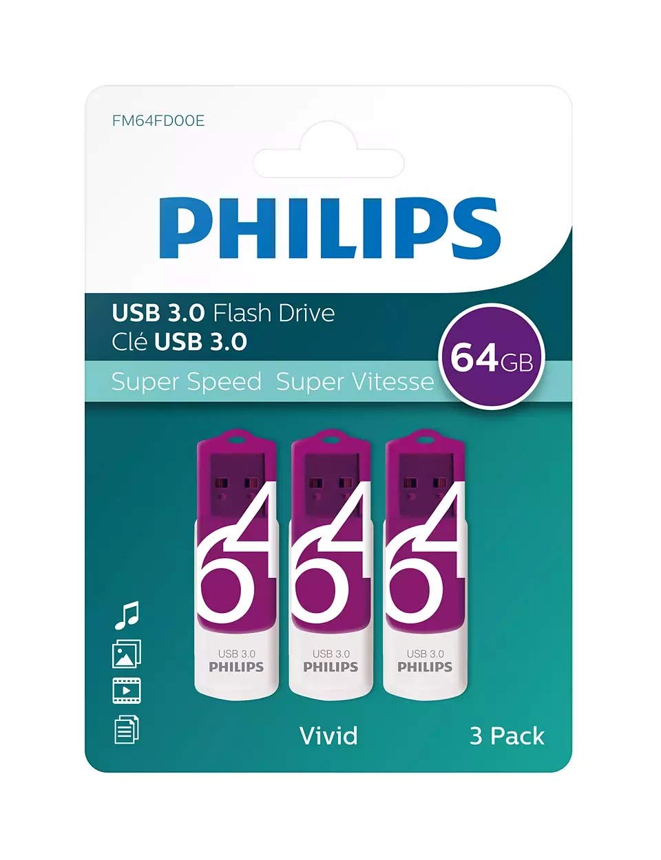 Philips Pendrive USB 3.0 64GB Vivid Edition (64GB, Pack of 3) FM64FD00E Purple