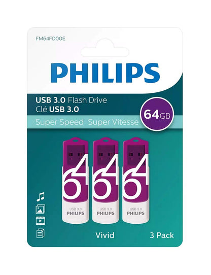 Philips Pendrive USB 3.0 64GB Vivid Edition (64GB, Pack of 3) FM64FD00E Purple
