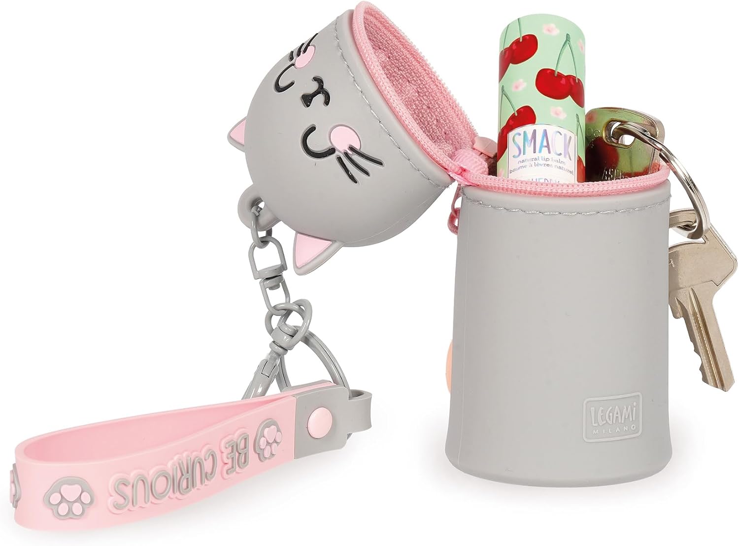 Legami - Kawaii Mini Kawaii Keychain Coin Purse with Spiral Ring, Carabiner and Wrist Strap, Silicone, 5 x 12 x 5 cm