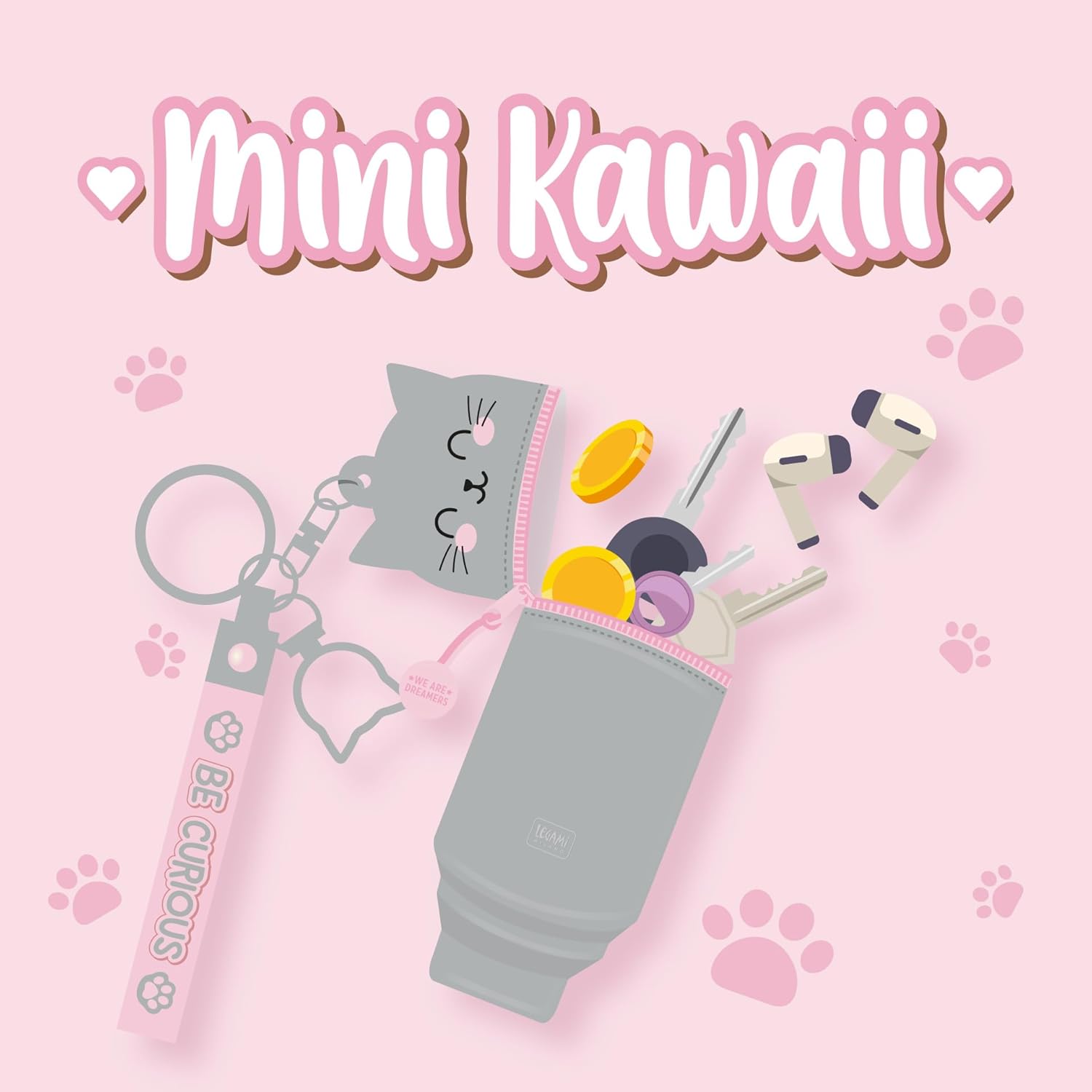 Legami - Kawaii Mini Kawaii Keychain Coin Purse with Spiral Ring, Carabiner and Wrist Strap, Silicone, 5 x 12 x 5 cm