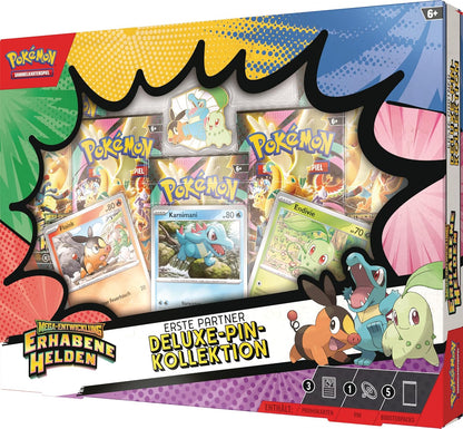 Pokémon-Sammelkartenspiel: Deluxe-Pin-Kollektion Mega-Entwicklung – Erhabene Helden: Erste Partner (3 holografische Promokarten, 1 Deluxe-Pin und 5 Boosterpacks