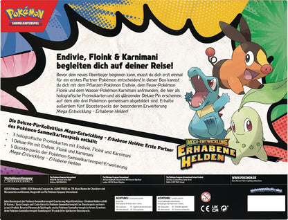 Pokémon-Sammelkartenspiel: Deluxe-Pin-Kollektion Mega-Entwicklung – Erhabene Helden: Erste Partner (3 holografische Promokarten, 1 Deluxe-Pin und 5 Boosterpacks