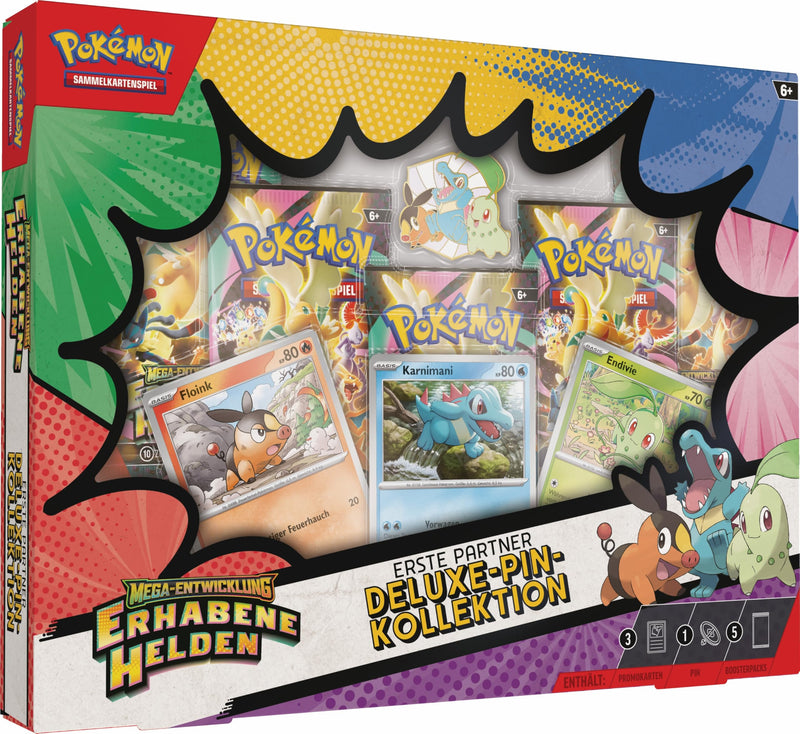 Pokémon-Sammelkartenspiel: Deluxe-Pin-Kollektion Mega-Entwicklung – Erhabene Helden: Erste Partner (3 holografische Promokarten, 1 Deluxe-Pin und 5 Boosterpacks