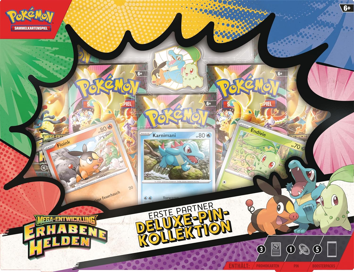 Pokémon-Sammelkartenspiel: Deluxe-Pin-Kollektion Mega-Entwicklung – Erhabene Helden: Erste Partner (3 holografische Promokarten, 1 Deluxe-Pin und 5 Boosterpacks