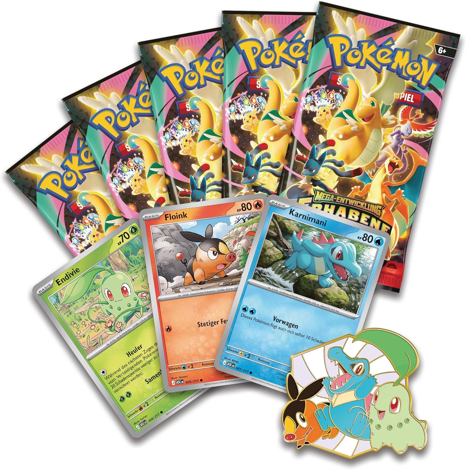 Pokémon-Sammelkartenspiel: Deluxe-Pin-Kollektion Mega-Entwicklung – Erhabene Helden: Erste Partner (3 holografische Promokarten, 1 Deluxe-Pin und 5 Boosterpacks