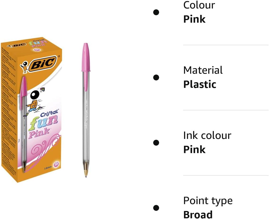 BIC Cristal Fun bolígrafos Punta Ancha (1,6 mm) – Rosa, Caja de 20 unidades