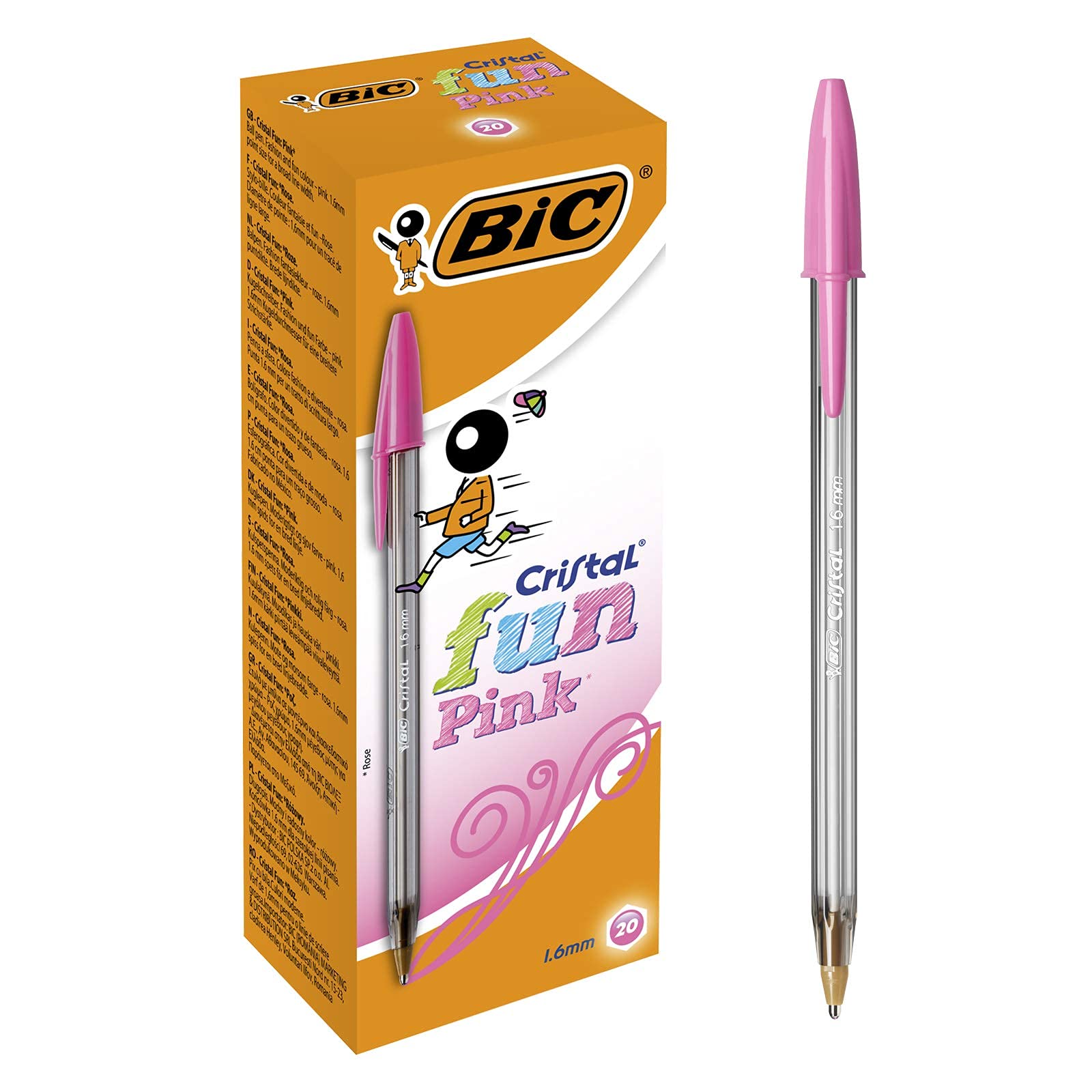 BIC Cristal Fun bolígrafos Punta Ancha (1,6 mm) – Rosa, Caja de 20 unidades