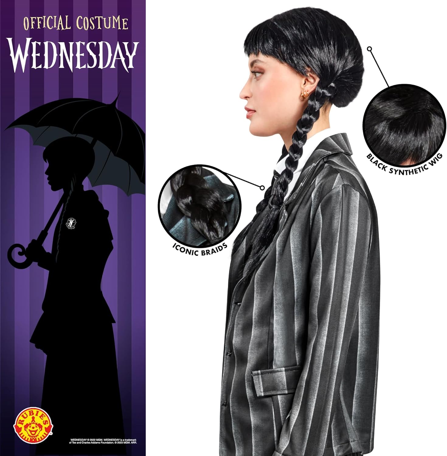 Rubies 2000154NS000 Tv Show Wednesday Costume Wig Addams Adult Fancy Dress, Women, As Shown, One Size Halloween