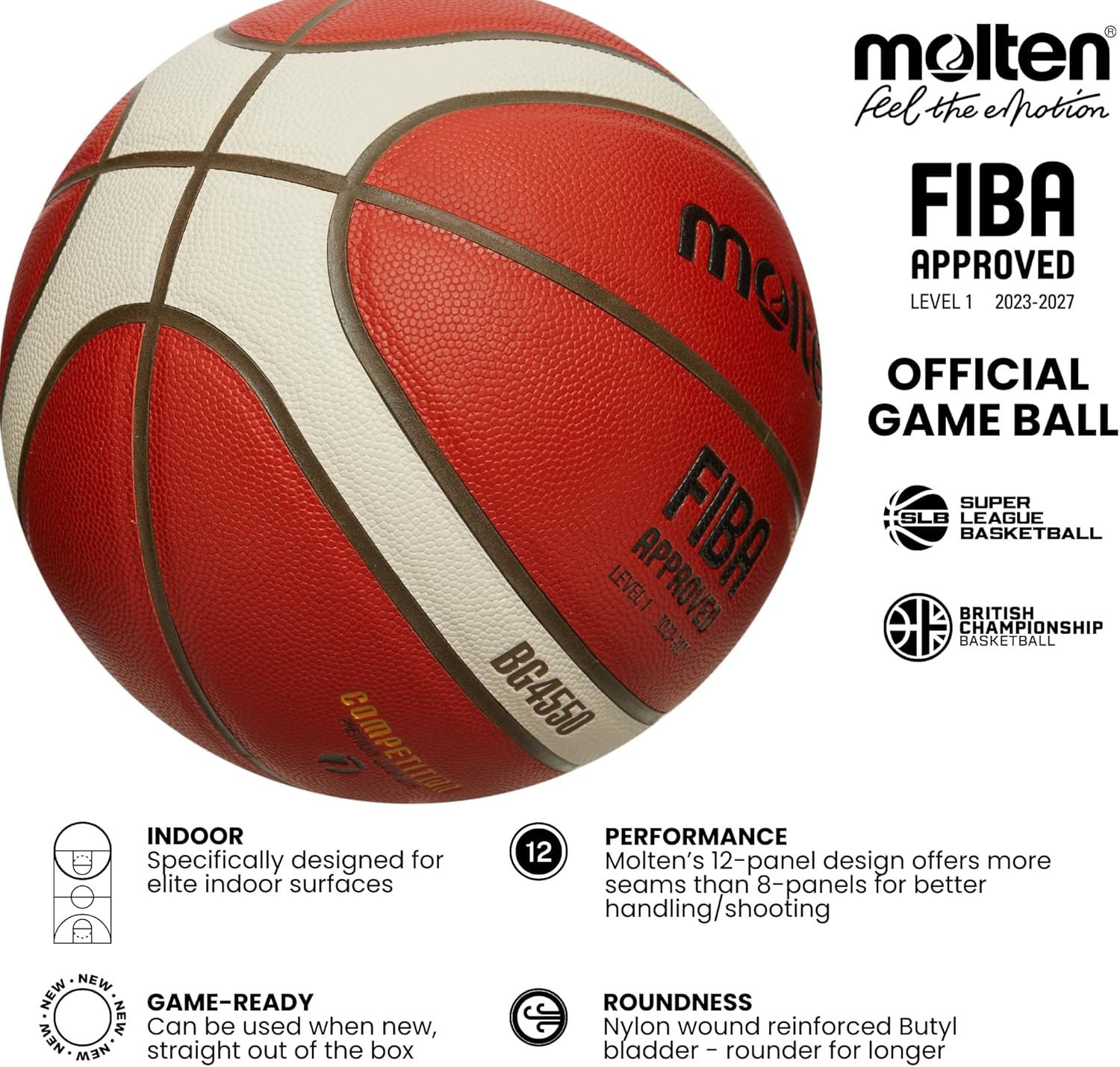 Molten B6G4550 Basketball I The Official Game Ball of British Hoops! I Size 6 I Game-Ready Pebble I Premium Composite Leather I Super League Basketball