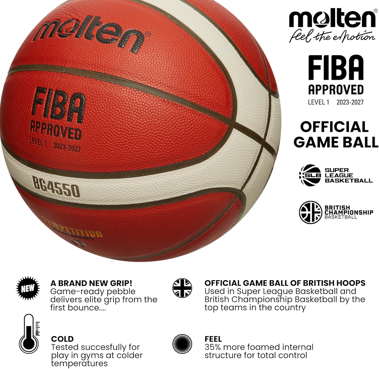 Molten B6G4550 Basketball I The Official Game Ball of British Hoops! I Size 6 I Game-Ready Pebble I Premium Composite Leather I Super League Basketball