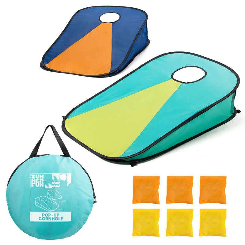 Toyrific Summer Fun Pop-Up Cornhole Game Set, Portable Bean Bag Toss Game with Carry Bag, Includes Yellow and Orange Cornhole Bags, Easy Setup Outdoor Family Fun for Garden and Beach
