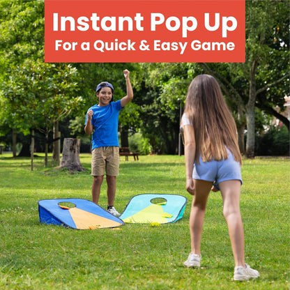 Toyrific Summer Fun Pop-Up Cornhole Game Set, Portable Bean Bag Toss Game with Carry Bag, Includes Yellow and Orange Cornhole Bags, Easy Setup Outdoor Family Fun for Garden and Beach