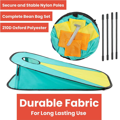 Toyrific Summer Fun Pop-Up Cornhole Game Set, Portable Bean Bag Toss Game with Carry Bag, Includes Yellow and Orange Cornhole Bags, Easy Setup Outdoor Family Fun for Garden and Beach