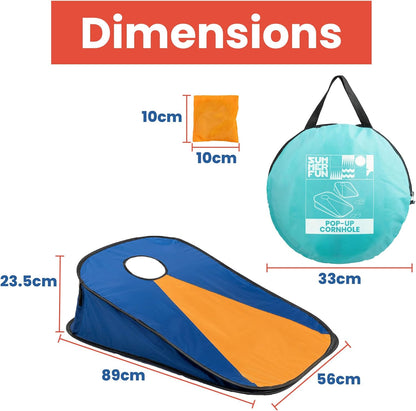 Toyrific Summer Fun Pop-Up Cornhole Game Set, Portable Bean Bag Toss Game with Carry Bag, Includes Yellow and Orange Cornhole Bags, Easy Setup Outdoor Family Fun for Garden and Beach