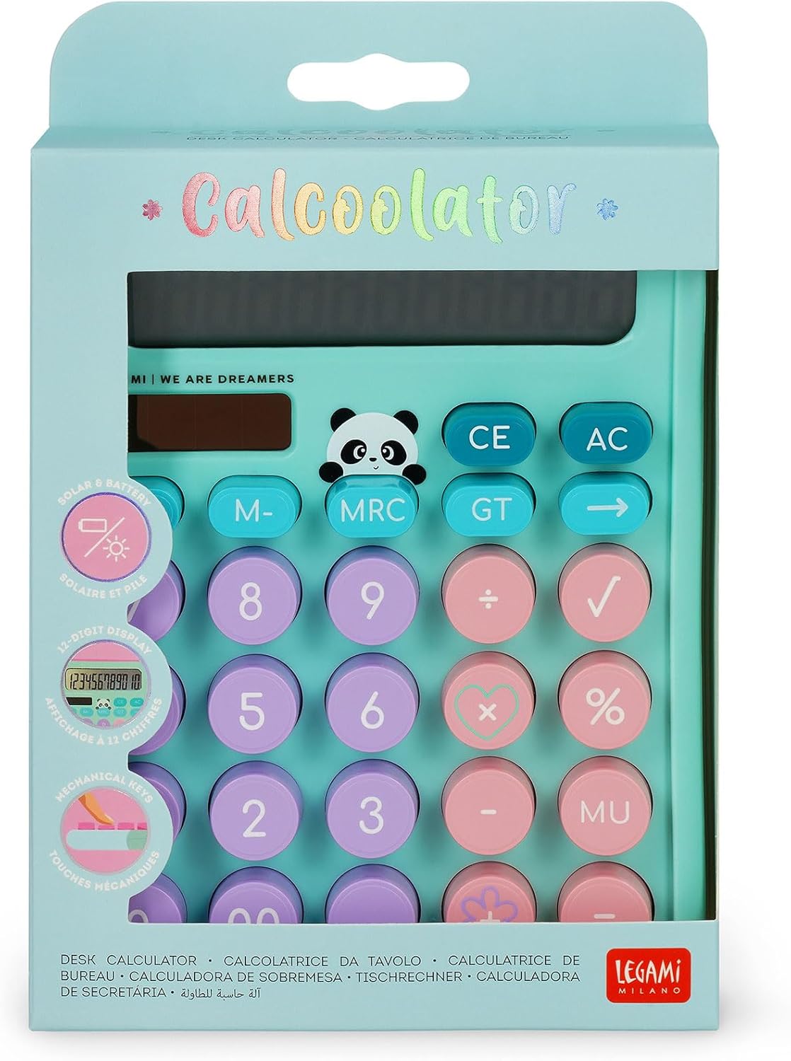 Legami - Table Calculator, Panda Theme, Dual Power Solar Calculator, AAA Battery (not included) or Solar Energy, 15.7 x 12 x 2.8 cm