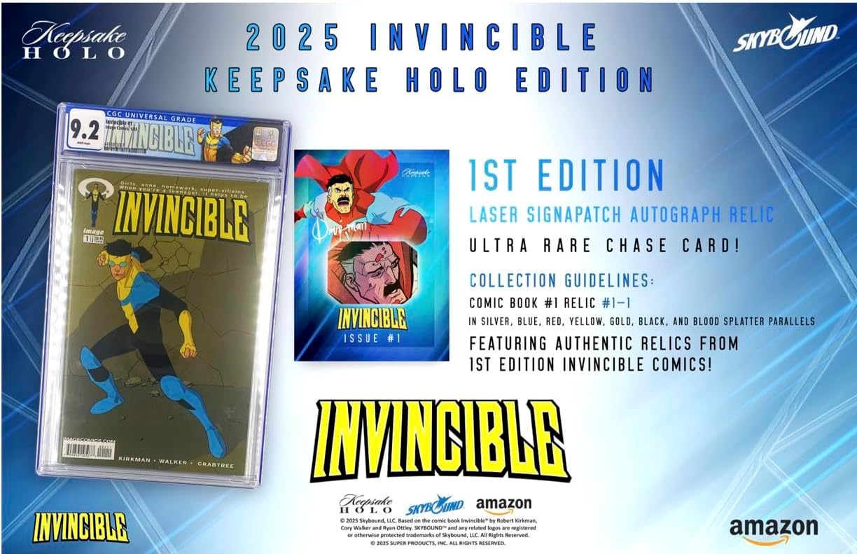 2025 Invincible Season 1 Keepsake Holo Breaker Box, Breakers Edition, 2 Packs Per Box, Holo Mirror Cards, Relics, Case-Based Inserts, 600-Card Checklist