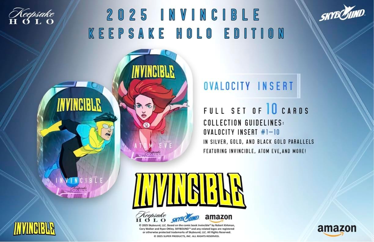 2025 Invincible Season 1 Keepsake Holo Breaker Box, Breakers Edition, 2 Packs Per Box, Holo Mirror Cards, Relics, Case-Based Inserts, 600-Card Checklist