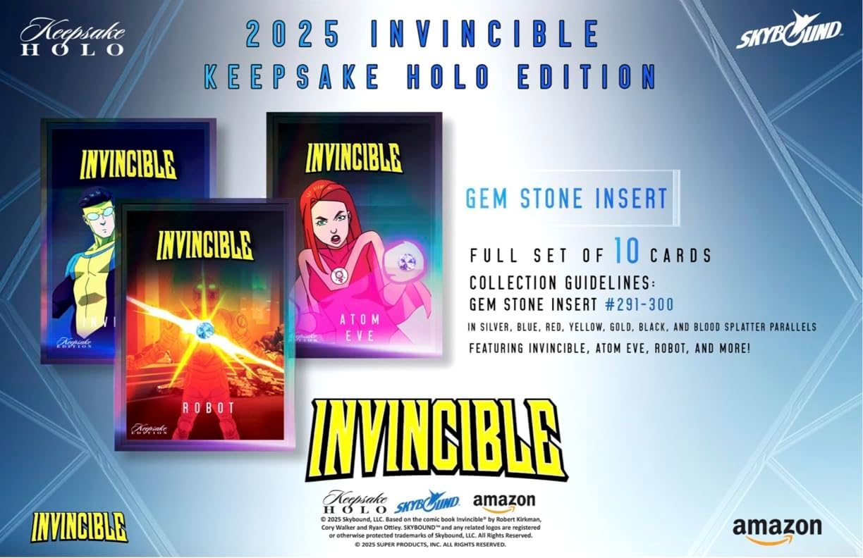 2025 Invincible Season 1 Keepsake Holo Breaker Box, Breakers Edition, 2 Packs Per Box, Holo Mirror Cards, Relics, Case-Based Inserts, 600-Card Checklist
