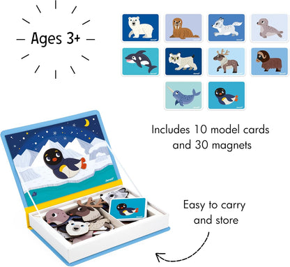Janod Magnéti'Book Polartiere, magnetisch leerspel, 30 magneten + 10 modellen, kinderspeelgoed van FSC-karton, fijne motoriek en fantasie, vanaf 3 jaar