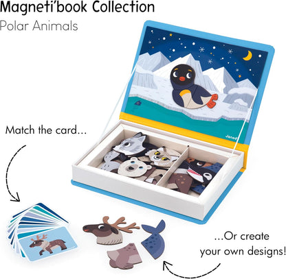 Janod Magnéti'Book Polartiere, magnetisch leerspel, 30 magneten + 10 modellen, kinderspeelgoed van FSC-karton, fijne motoriek en fantasie, vanaf 3 jaar