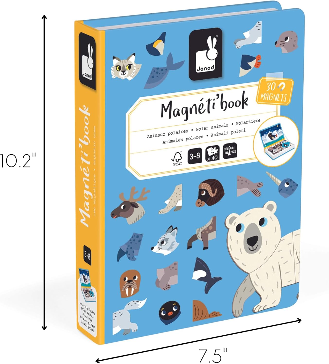 Janod Magnéti'Book Polartiere, magnetisch leerspel, 30 magneten + 10 modellen, kinderspeelgoed van FSC-karton, fijne motoriek en fantasie, vanaf 3 jaar