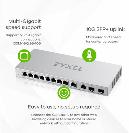 Zyxel Multi-Gig 12-Port Unmanaged Switch with 2-Port 2.5G and 2-Port 10G SFP+ Desktop/Wallmount