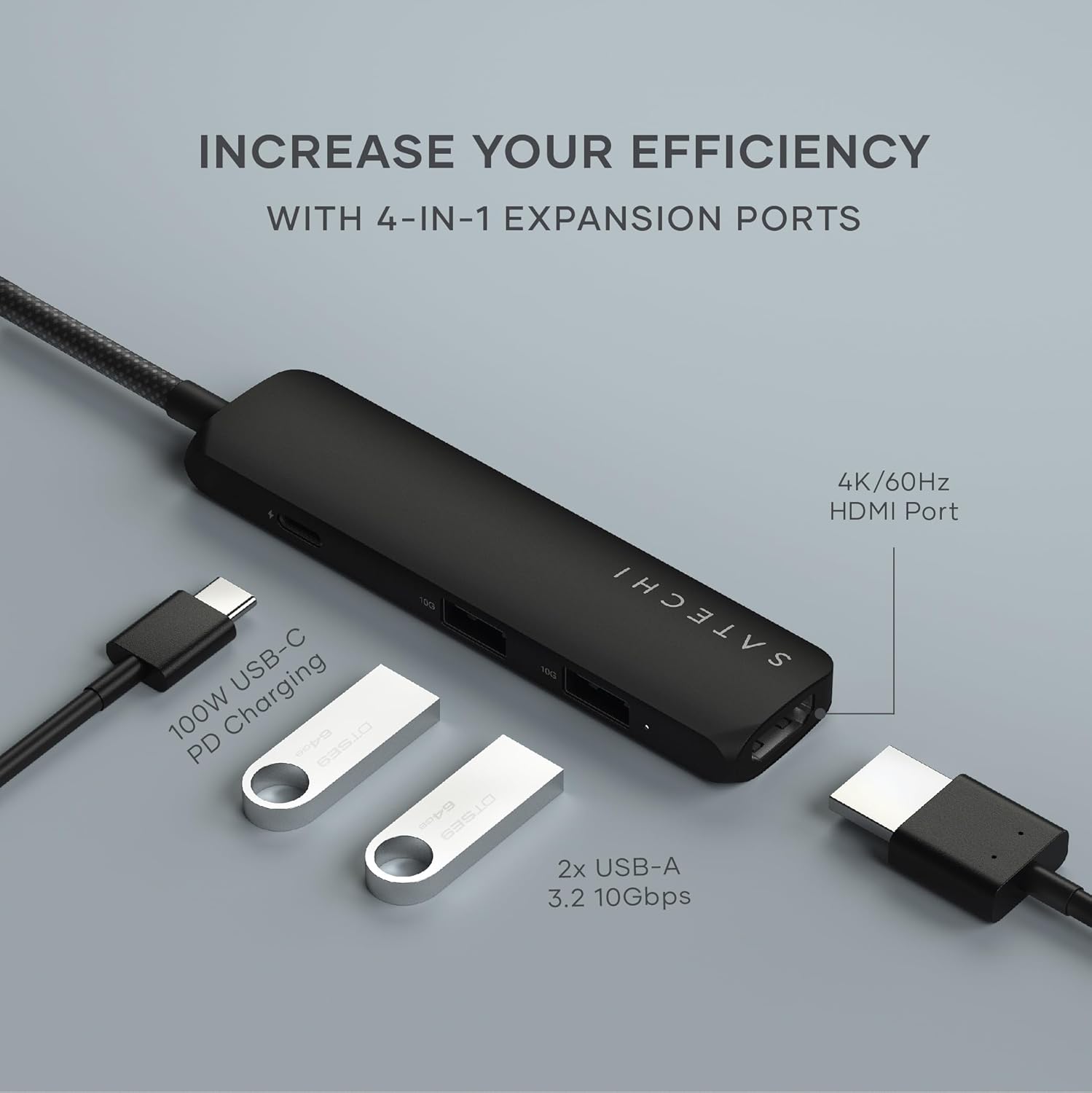 SATECHI 4-in-1 USB-C Hub Slim Plus Multiport Adaptor with HDMI 4K@60Hz, 100W USB-C PD Charging, 2x USB-A Data Ports for MacBook Air & Pro M5 M4 M3, iPad, iPhone, Windows and Type-C Devices – Black