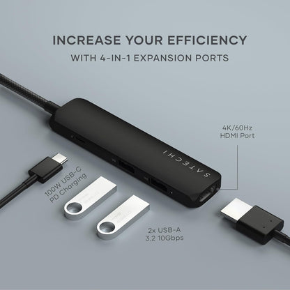 SATECHI 4-in-1 USB-C Hub Slim Plus Multiport Adaptor with HDMI 4K@60Hz, 100W USB-C PD Charging, 2x USB-A Data Ports for MacBook Air & Pro M5 M4 M3, iPad, iPhone, Windows and Type-C Devices – Black