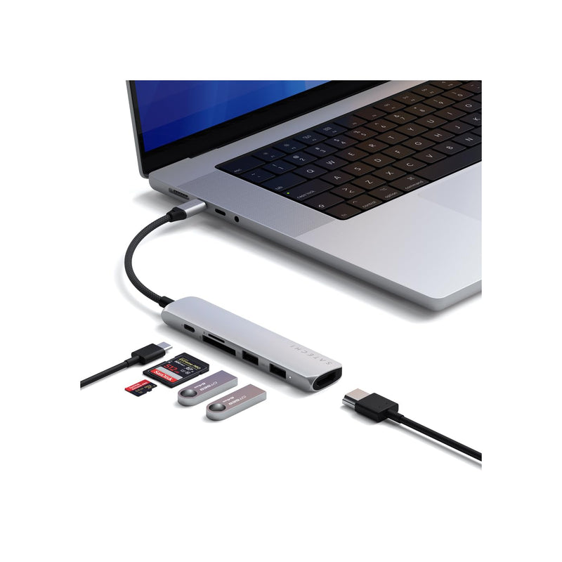 SATECHI 6-in-1 USB-C Hub Slim Plus Multiport Adaptor with HDMI 4K@60Hz, 100W USB-C PD Charging, 2x USB-A Data Ports, microSD/SD Card Readers for MacBook Air & Pro M5 M4 M3, iPad, Windows – Silver