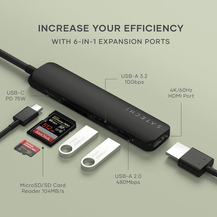 SATECHI 6-in-1 USB-C Hub Slim Plus Multiport Adaptor with HDMI 4K@60Hz, 100W USB-C PD Charging, 2x USB-A Data Ports, microSD/SD Card Readers for MacBook Air & Pro M5 M4 M3, iPad, Windows – Black