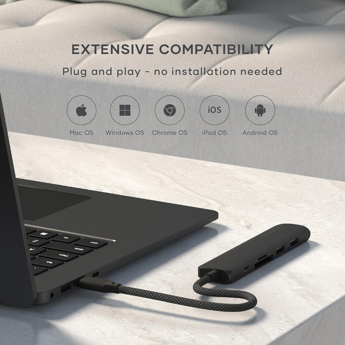 SATECHI 6-in-1 USB-C Hub Slim Plus Multiport Adaptor with HDMI 4K@60Hz, 100W USB-C PD Charging, 2x USB-A Data Ports, microSD/SD Card Readers for MacBook Air & Pro M5 M4 M3, iPad, Windows – Black