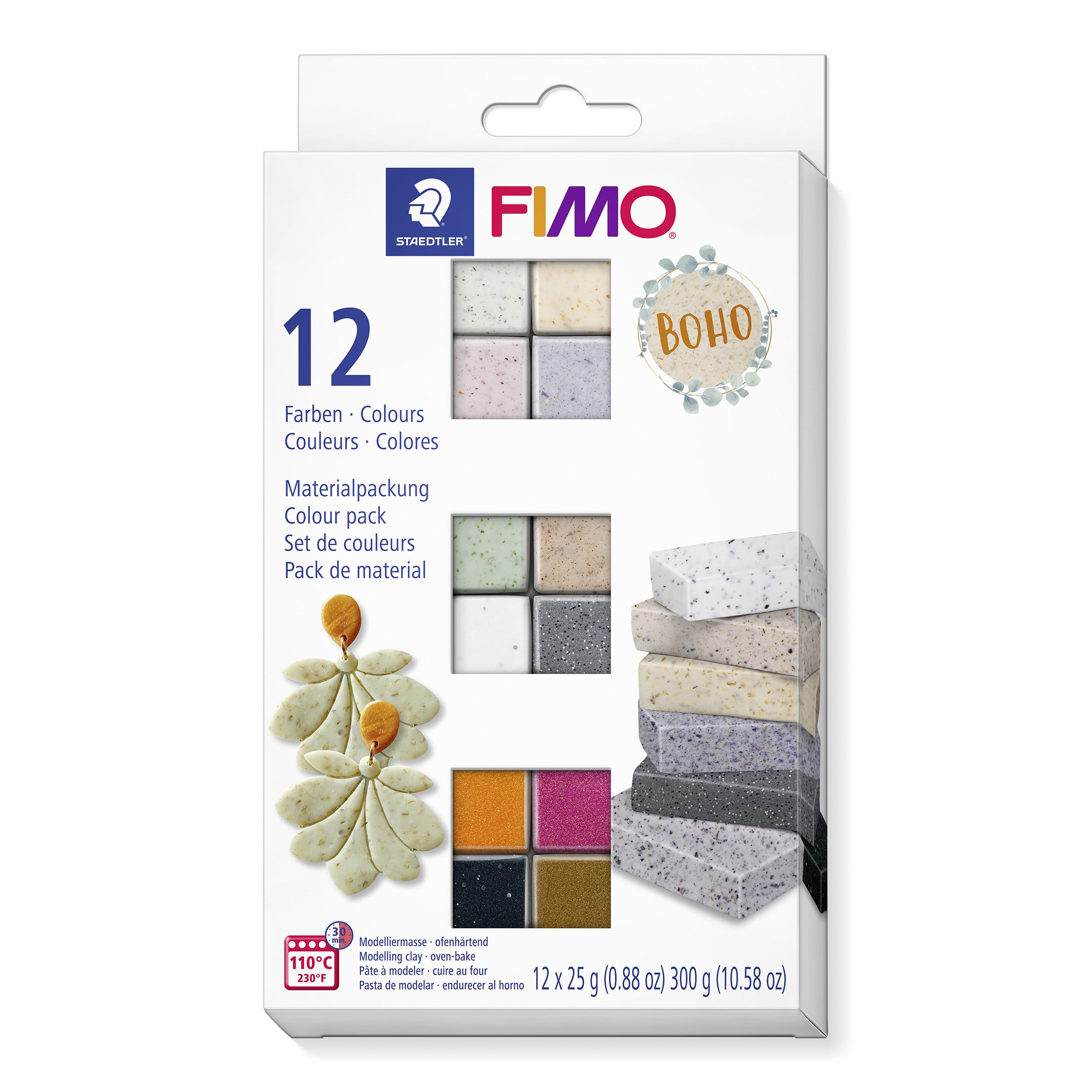 STAEDTLER 8013 C12-5 FIMO Effect Oven-Hardening Polymer Modelling Clay - Boho, diverse kleuren (Pack van 12 x 25g halve blokken
