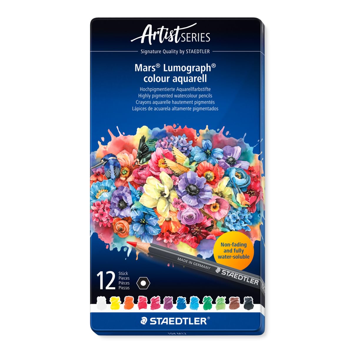 STAEDTLER Aquarelpotloden – 12 hoogwaardige kunstenaars-potloden in metalen doos – Zeshoekig ontwerp, 3,6 mm potloodkern, kleurecht & lichtbestendig – Ideaal voor aquareltechnieken