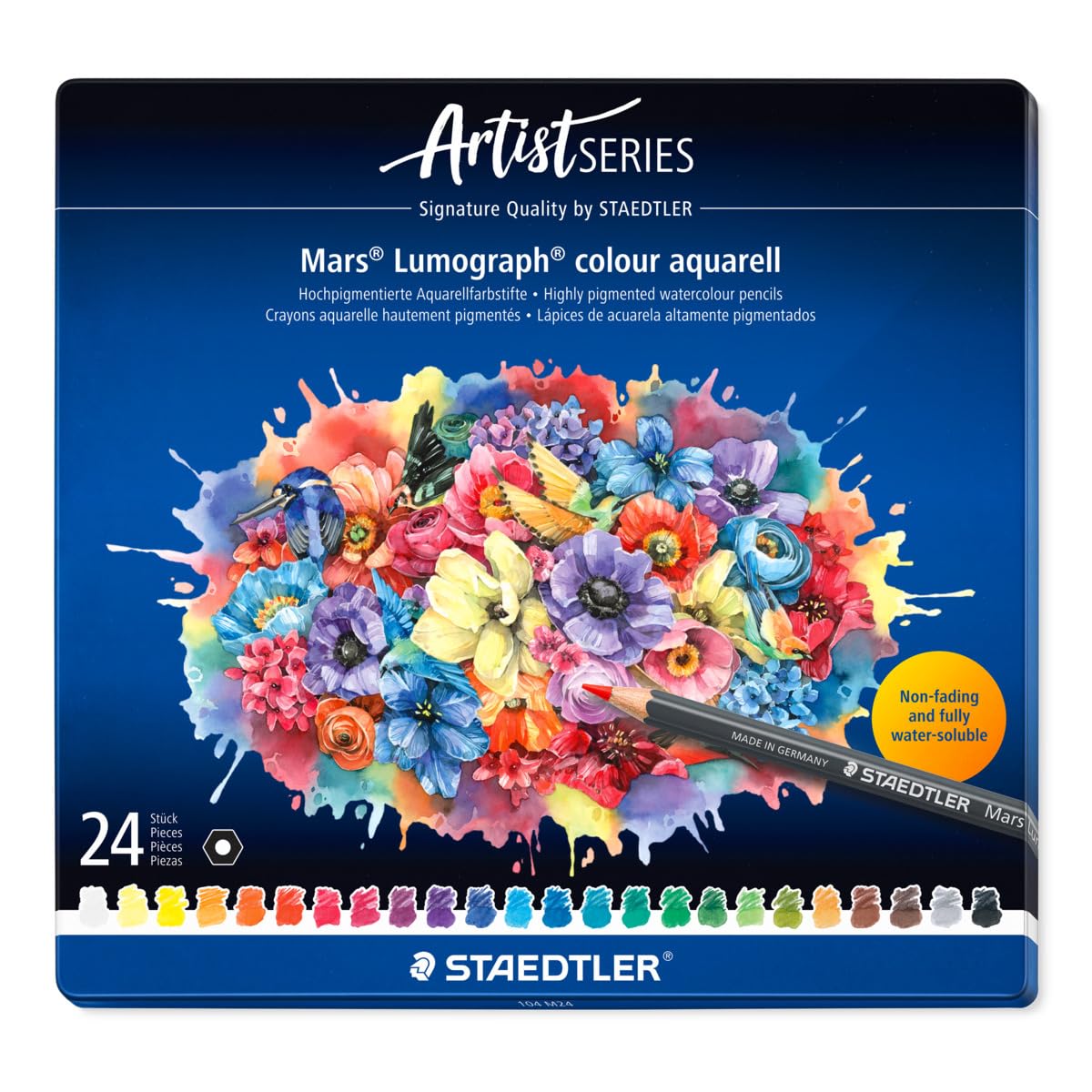 STAEDTLER Aquarellfarbstifte wasservermalbar – 24 hochwertige Künstler-Farbstifte im Metalletui – Sechskant-Design, 3,6 mm Mine, intensive Farben & lichtbeständig – ideal für Aquarellmalerei