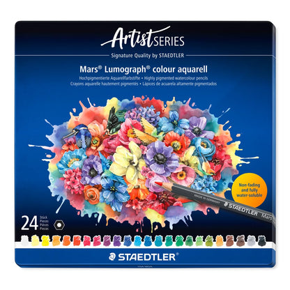 STAEDTLER Aquarellfarbstifte wasservermalbar – 24 hochwertige Künstler-Farbstifte im Metalletui – Sechskant-Design, 3,6 mm Mine, intensive Farben & lichtbeständig – ideal für Aquarellmalerei