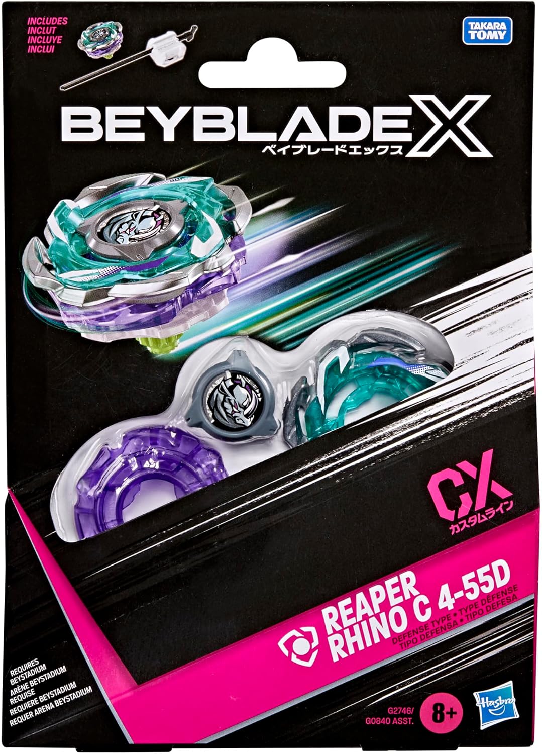 Beyblade X Reaper Rhino C 4-55D CX Starter Pack Set, Takara Tomy Defense Type Top and Launcher, Battling Tops Game Toys, Ages 8+
