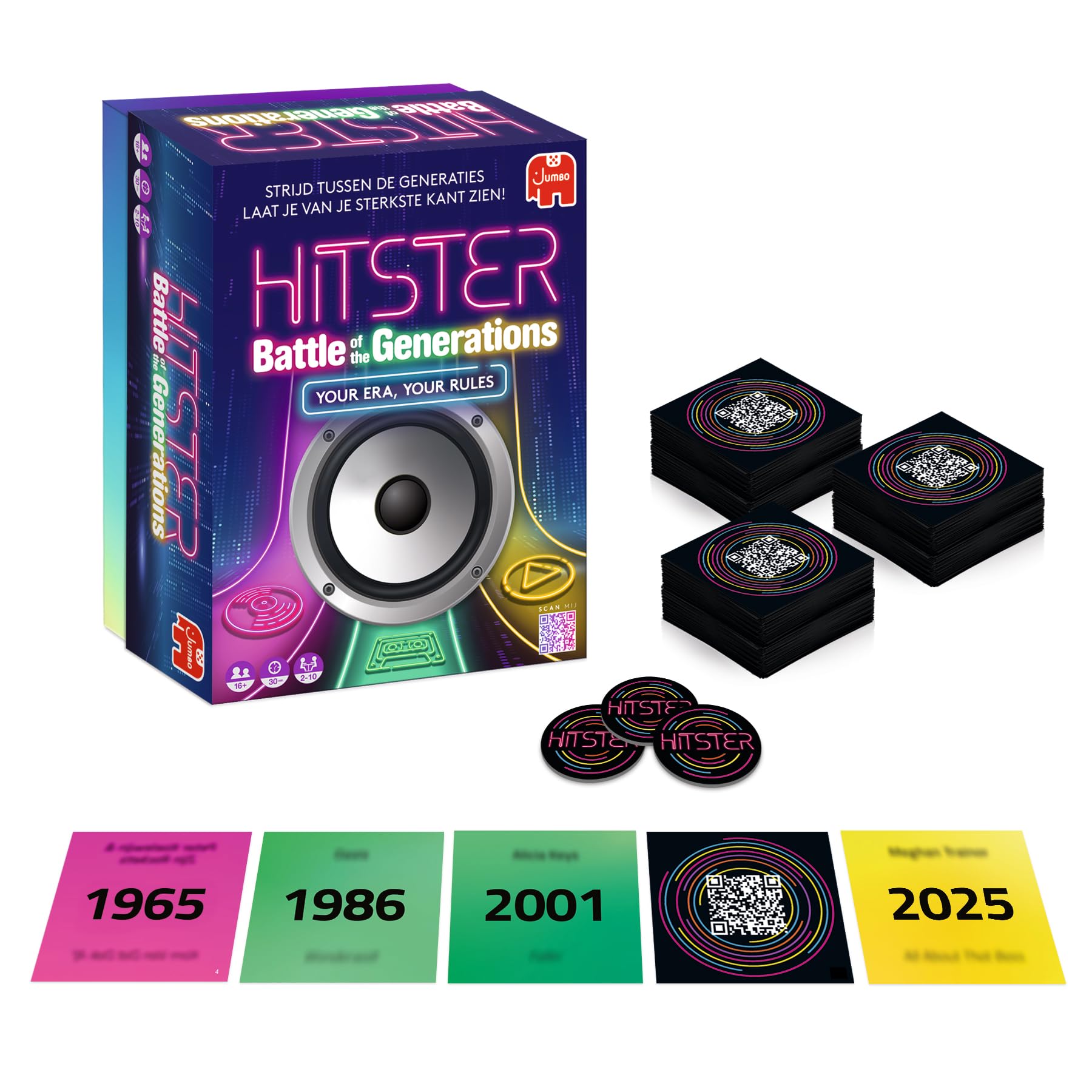 Hitster Battle of the Generations – Musical Party Board Game with 420+ Songs Over the Years, 3 Epochs from Vinyl to Cassette to Streaming – App-Connected Quiz for Adults & Families (EN