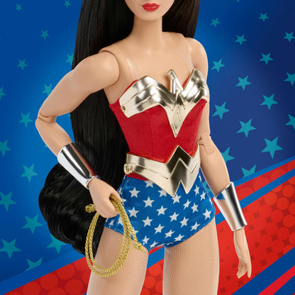 Barbie Signature Doll, Wonder Woman Collectible with Doll Stand in Red and Blue Tank Suit with Golden Accessories like Lasso, Headpiece and Belt, JBJ36