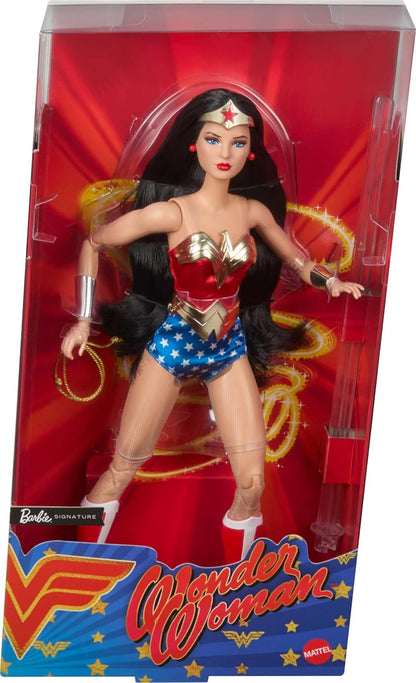 Barbie Signature Doll, Wonder Woman Collectible with Doll Stand in Red and Blue Tank Suit with Golden Accessories like Lasso, Headpiece and Belt, JBJ36