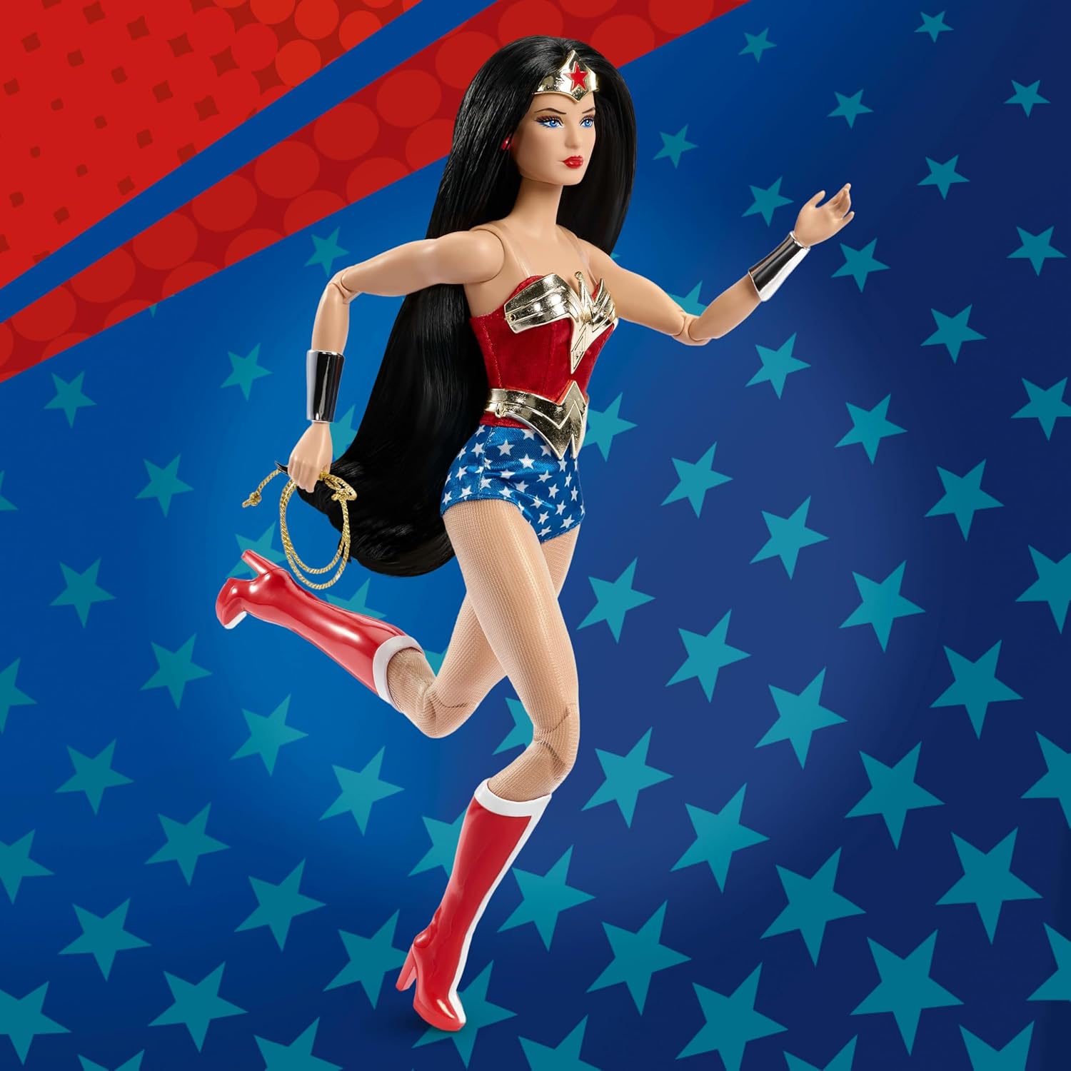 Barbie Signature Doll, Wonder Woman Collectible with Doll Stand in Red and Blue Tank Suit with Golden Accessories like Lasso, Headpiece and Belt, JBJ36