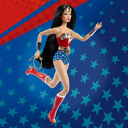 Barbie Signature Doll, Wonder Woman Collectible with Doll Stand in Red and Blue Tank Suit with Golden Accessories like Lasso, Headpiece and Belt, JBJ36