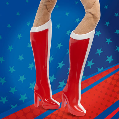 Barbie Signature Doll, Wonder Woman Collectible with Doll Stand in Red and Blue Tank Suit with Golden Accessories like Lasso, Headpiece and Belt, JBJ36